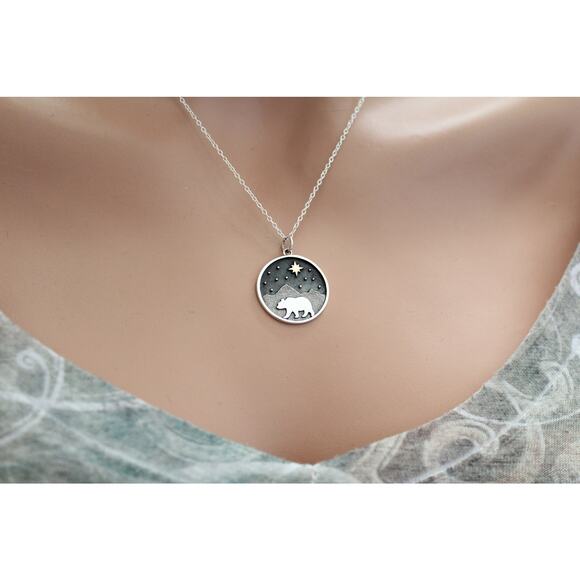 Sterling Silver Bear and Mountain Pendant with Bronze Star Necklace - Picture 3 of 4